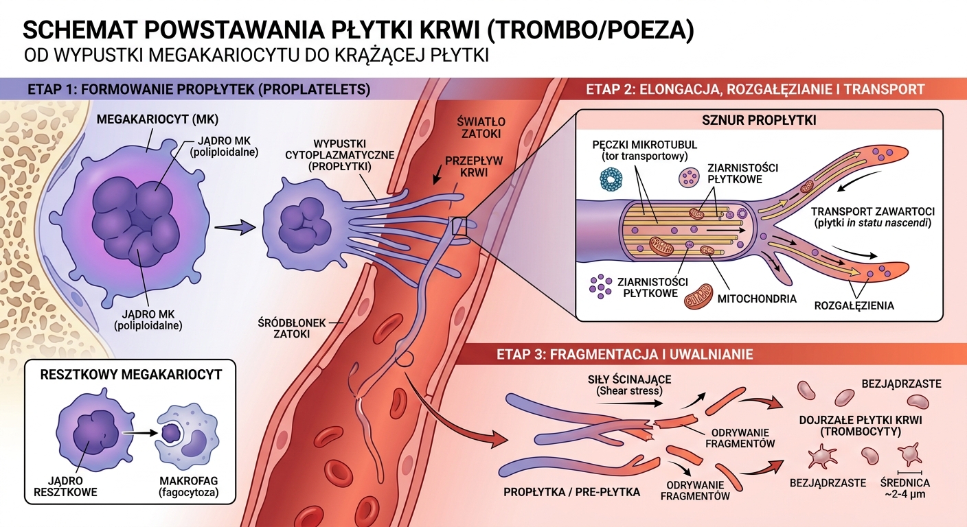 Schemat powstawania płytki krwi: trombopoeza od megakariocytu do krążącej płytki