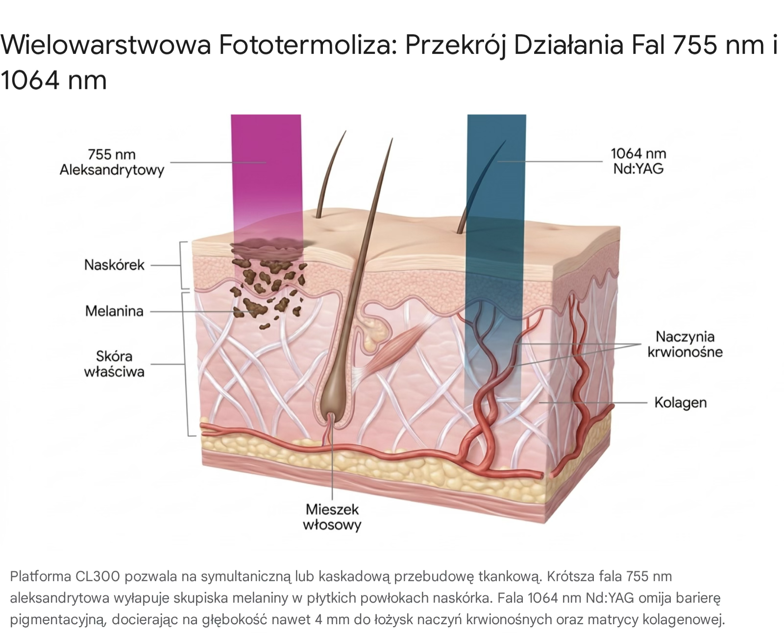Wielowarstwowa fototermoliza: przekrój działania fal 755 nm aleksandrytowej i 1064 nm Nd:YAG na naskórek, melaninę, mieszek włosowy, kolagen i naczynia krwionośne.